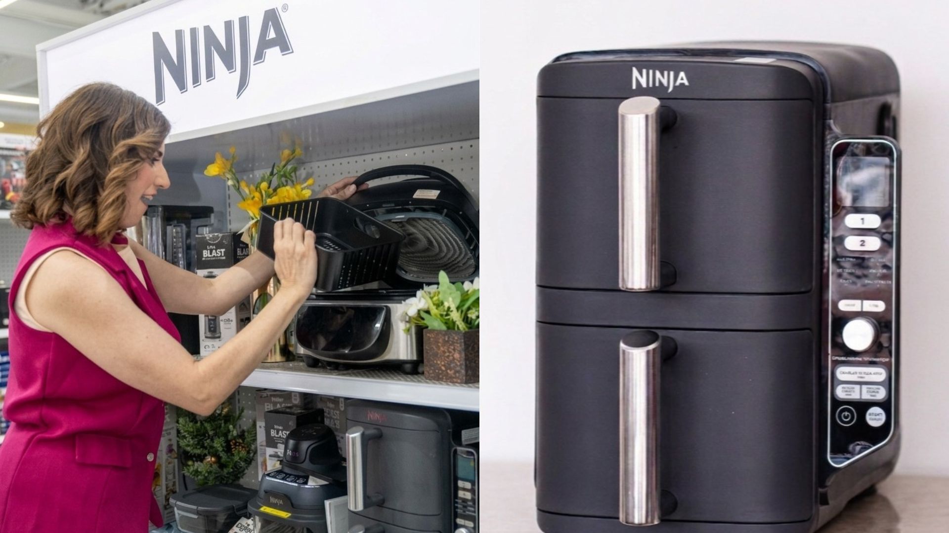 Mujer revisando electrodomésticos en el estante de la marca Ninja y detalle de una freidora de aire de dos niveles en la tienda Lady Lee de Mall Premier.