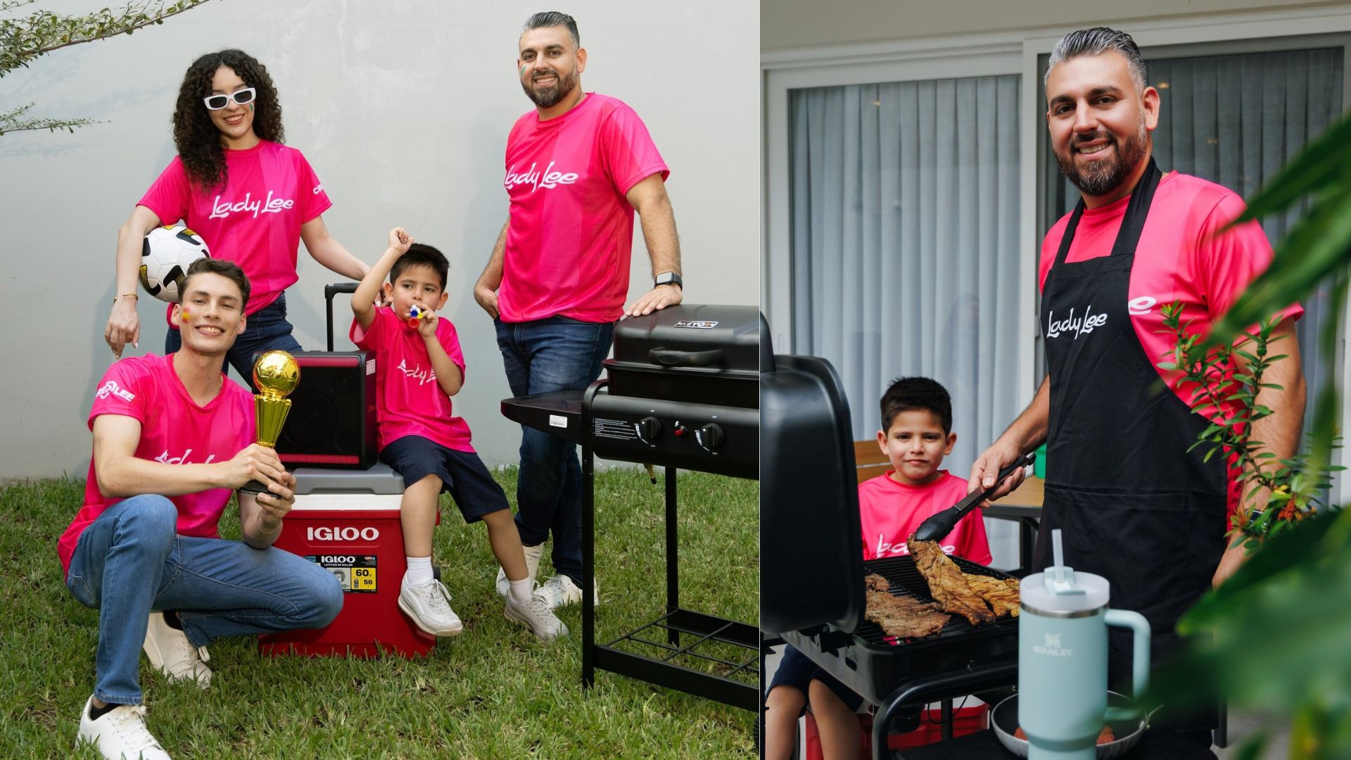 Familia modelando en el jardín junto a una hielera Igloo, un parlante portátil y un asador de carne de última generación de Lady Lee en Mall Premier.
