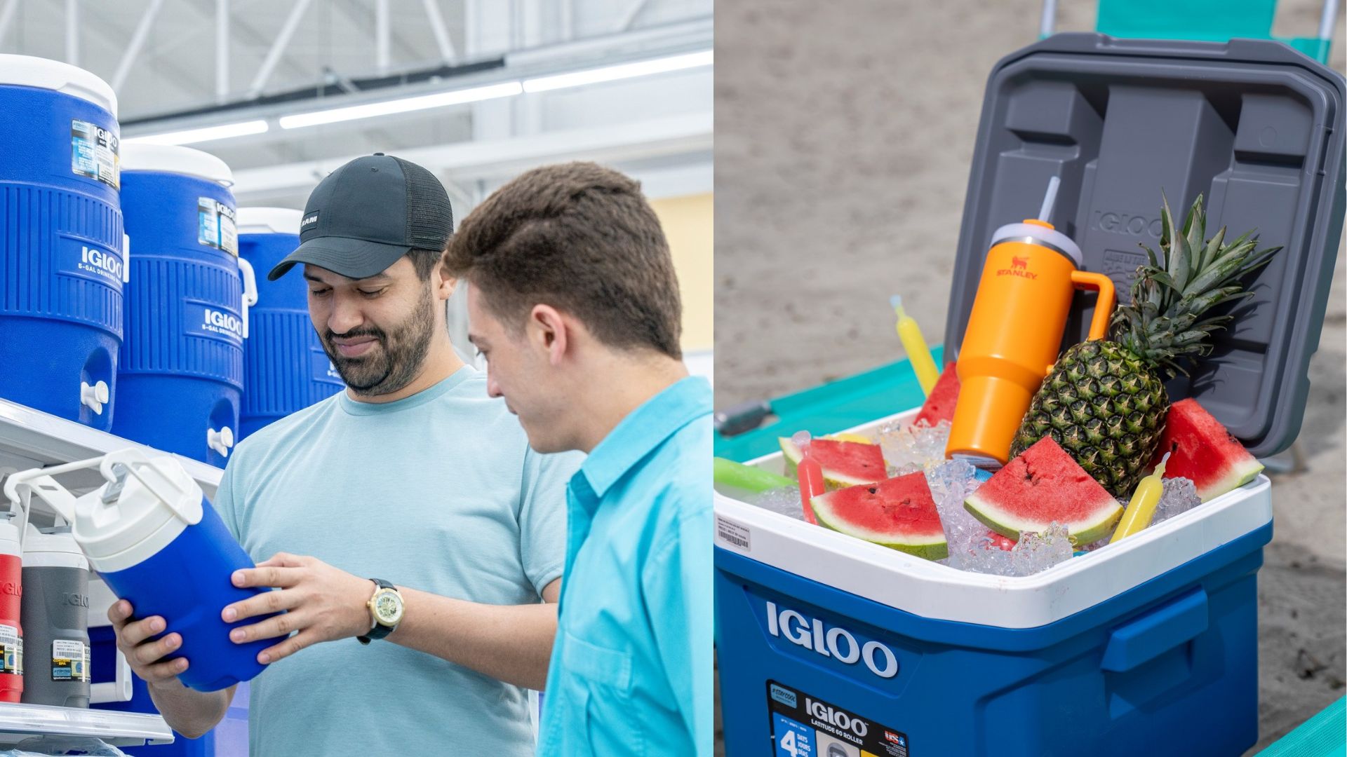 : Clientes cotizando dispensadores de agua y una hielera azul de la marca Igloo con frutas y bebidas heladas, de venta en Lady Lee dentro de Mall Premier.