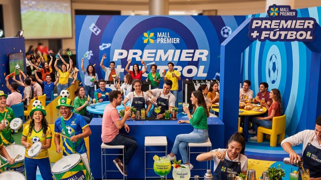 Aficionados hondureños celebrando la inauguración del mundial en las instalaciones temáticas de un centro comercial Mall Premier de Grupo Premier.