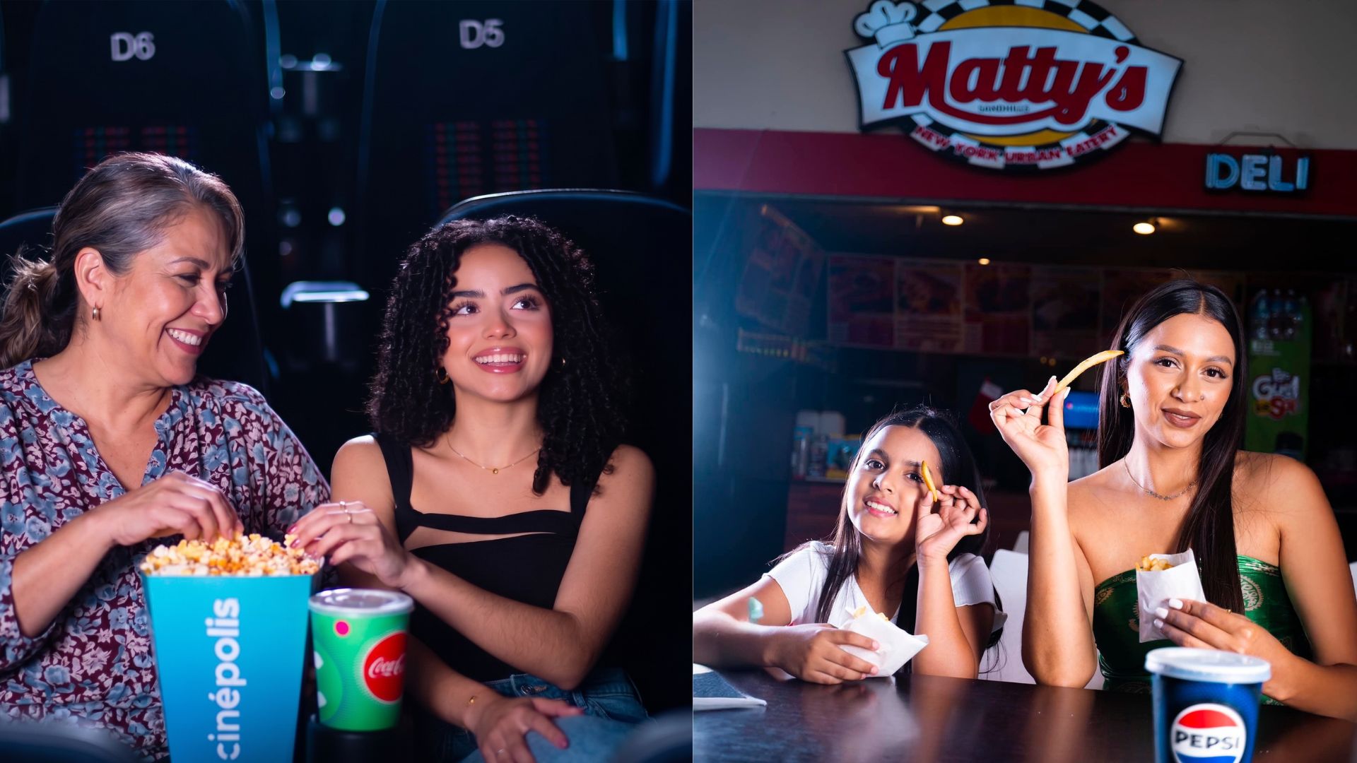 Madre e hija disfrutando de una película con palomitas en las salas de cine y compartiendo comida rápida en Mall Premier.