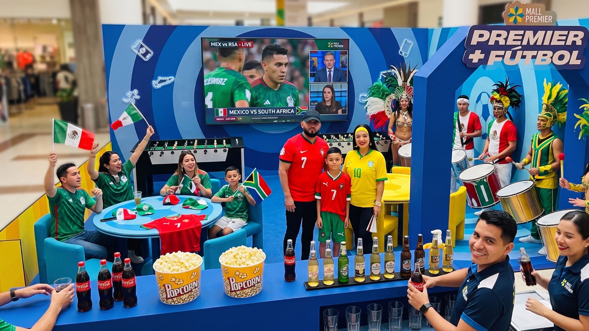 Familias hondureñas reunidas en mesas del área de experiencia de Mall Premier Catacamas viendo la transmisión en vivo del partido inaugural del mundial en pantallas gigantes.