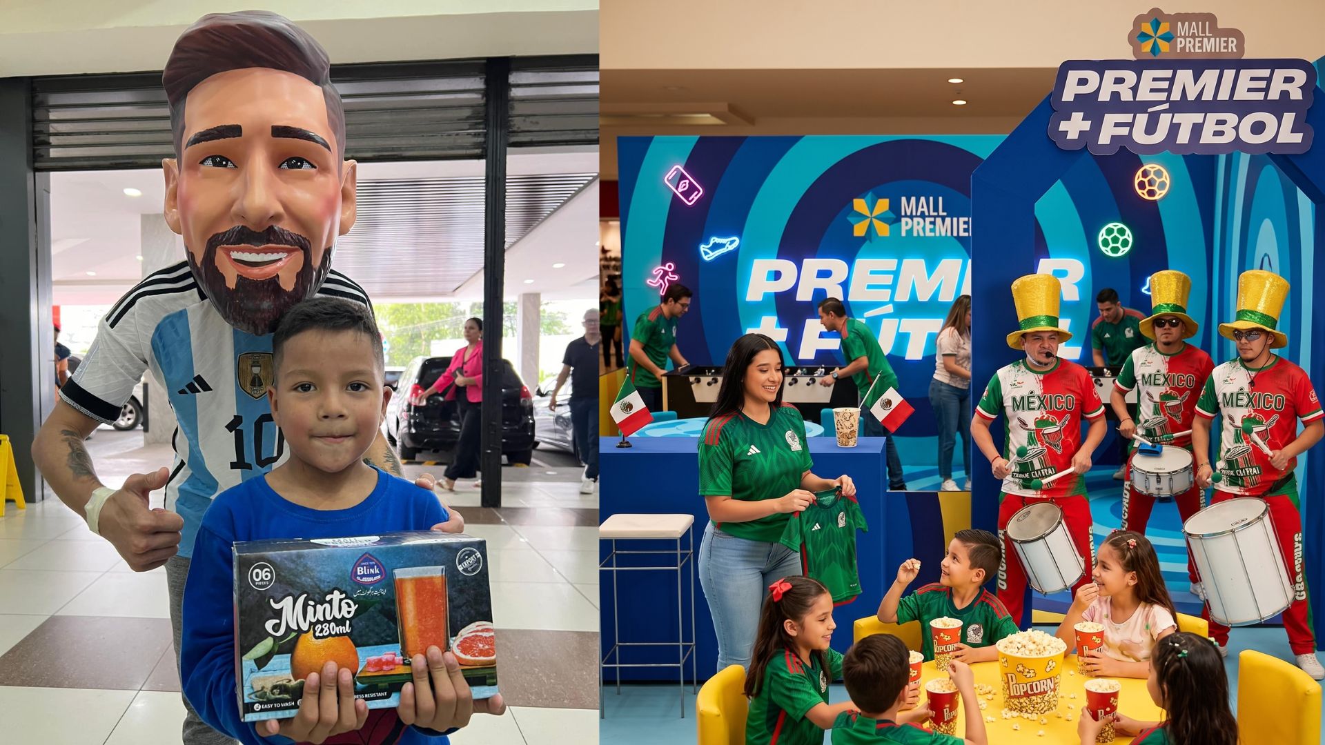 Un niño y una joven disfrutando de las actividades, premios y personajes animados durante la transmisión del partido inaugural en Mall Premier Comayagua.