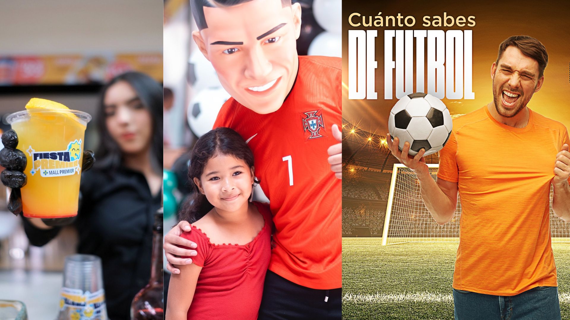Una niña posando junto a una figura de un futbolista y un joven sosteniendo un balón para un concurso en el evento mundialista de Mall Premier Juticalpa.