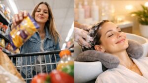 Mujer haciendo compras en Walmart Bermejo y recibiendo tratamiento de cabello en salón de Plaza Premier