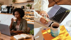 Una profesional trabaja con su laptop y un café latte junto a una persona tomando notas, en una amplia cafetería y coworking en Plaza Premier y una vista en Tegucigalpa, Honduras.
