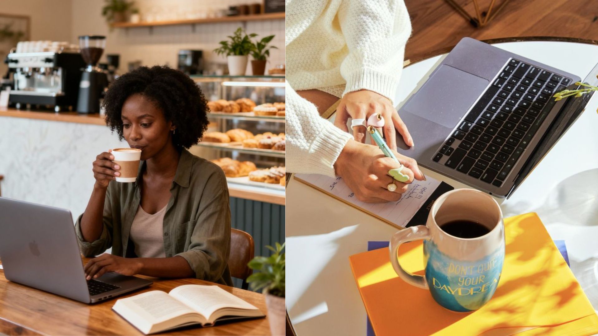 Una profesional trabaja con su laptop y un café latte junto a una persona tomando notas, en una amplia cafetería y coworking en Plaza Premier y una vista en Tegucigalpa, Honduras.