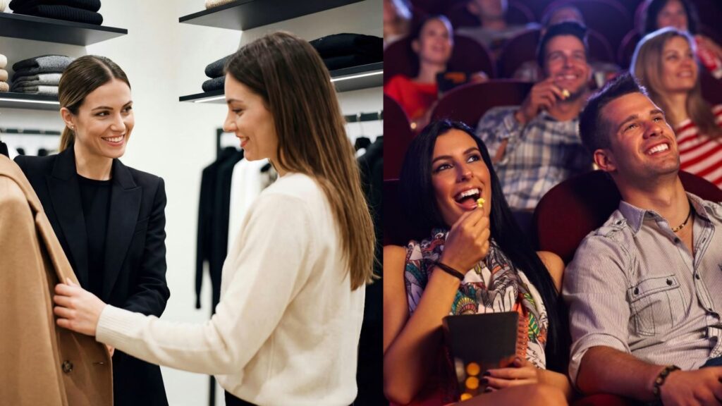 Una mujer sonriente recibe atención en una tienda de ropa y una pareja disfruta de palomitas de maíz riendo en una sala de Cine Premier en Honduras.