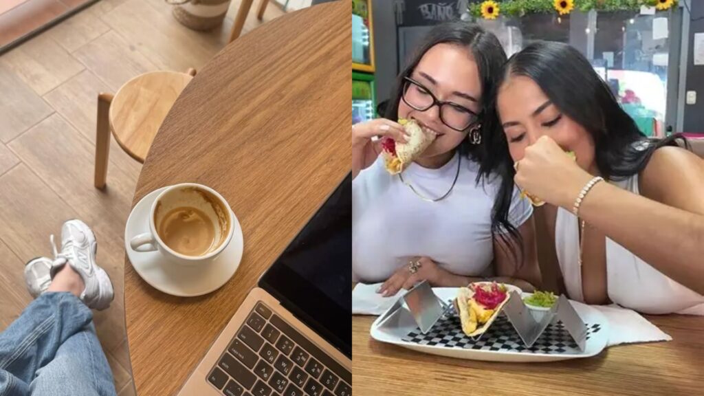 Computadora portátil y taza de café sobre mesa de madera junto a un grupo de jóvenes profesionales trabajando en equipo en cafeterías de Plaza Premier, Honduras