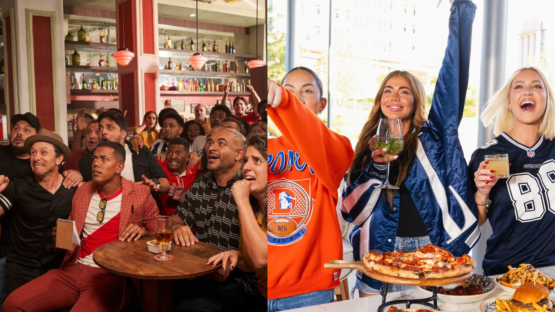 Personas viendo un partido de fútbol en restaurante mientras disfrutan comida y bebidas durante el Mundial en Plaza Premier.