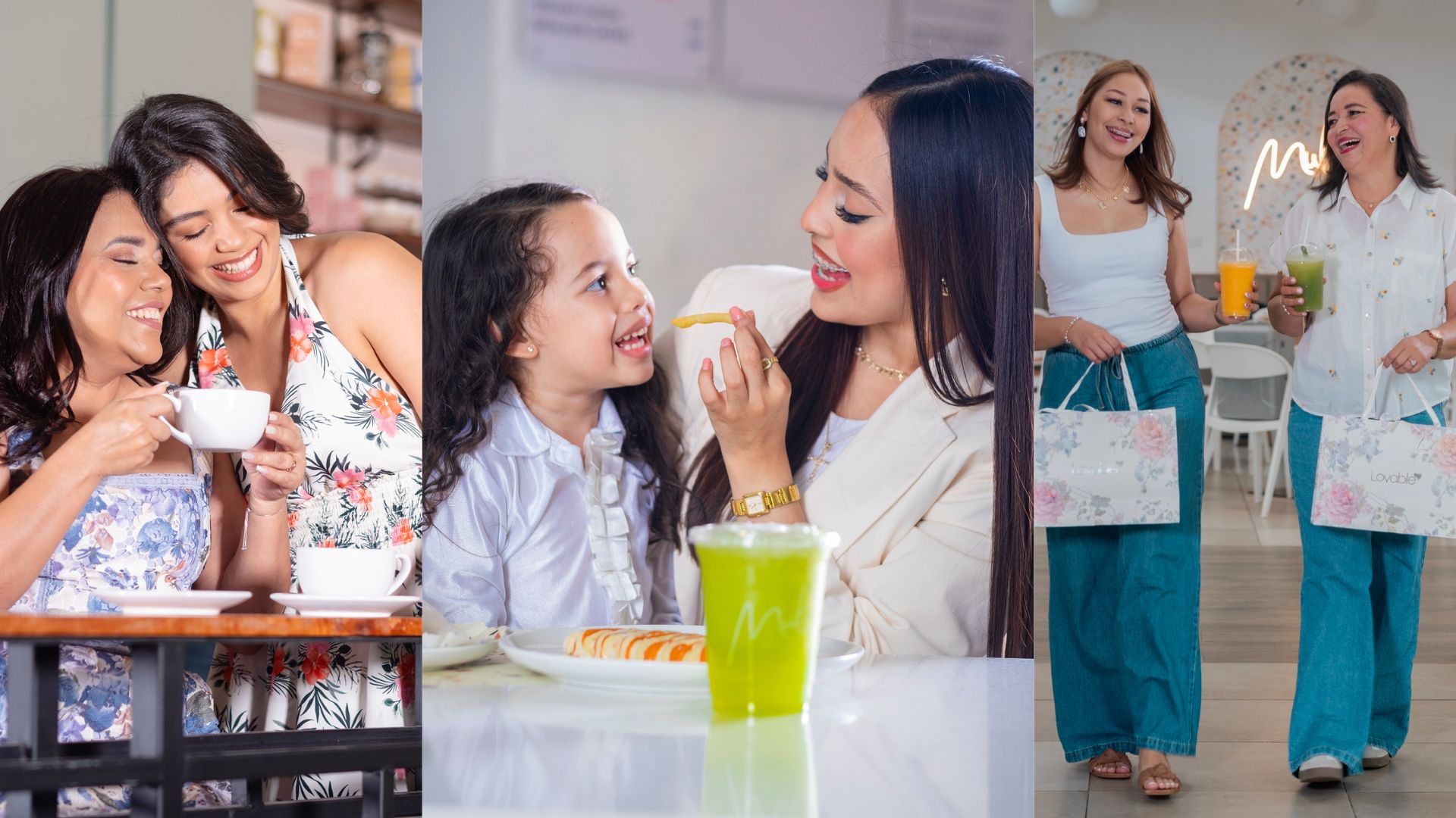 Mujeres disfrutando de café, postres y compras en  Mall Premier.  