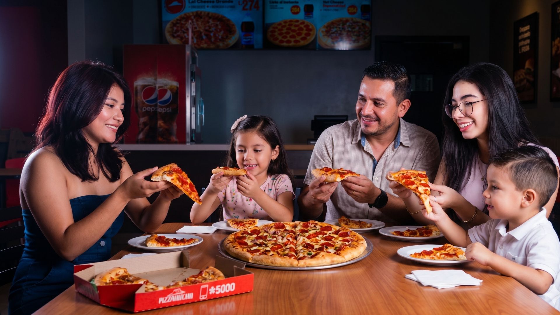 Mesa compartida con pizza familiar en el restaurante Pizza Hut de Mall Premier Comayagua.