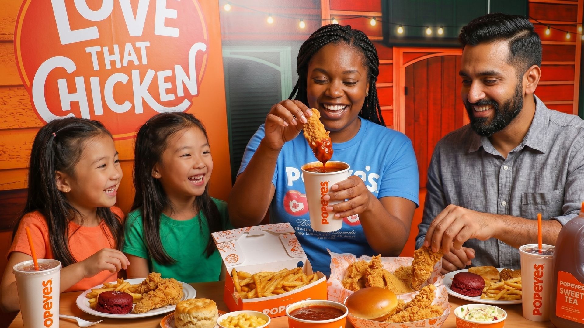 Madre e hijos comiendo pollo frito en el restaurante Popeyes de Mall Premier Juticalpa.