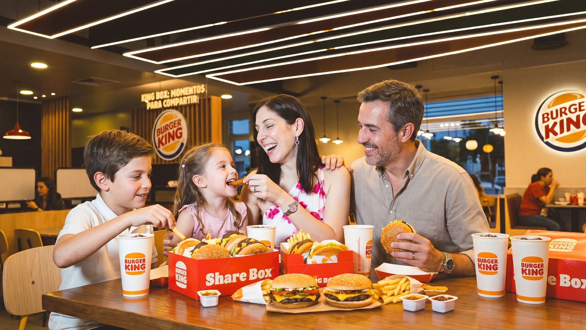 Familia sonriente comiendo hamburguesas a la parrilla en el restaurante Burger King de Mall Premier Catacamas.