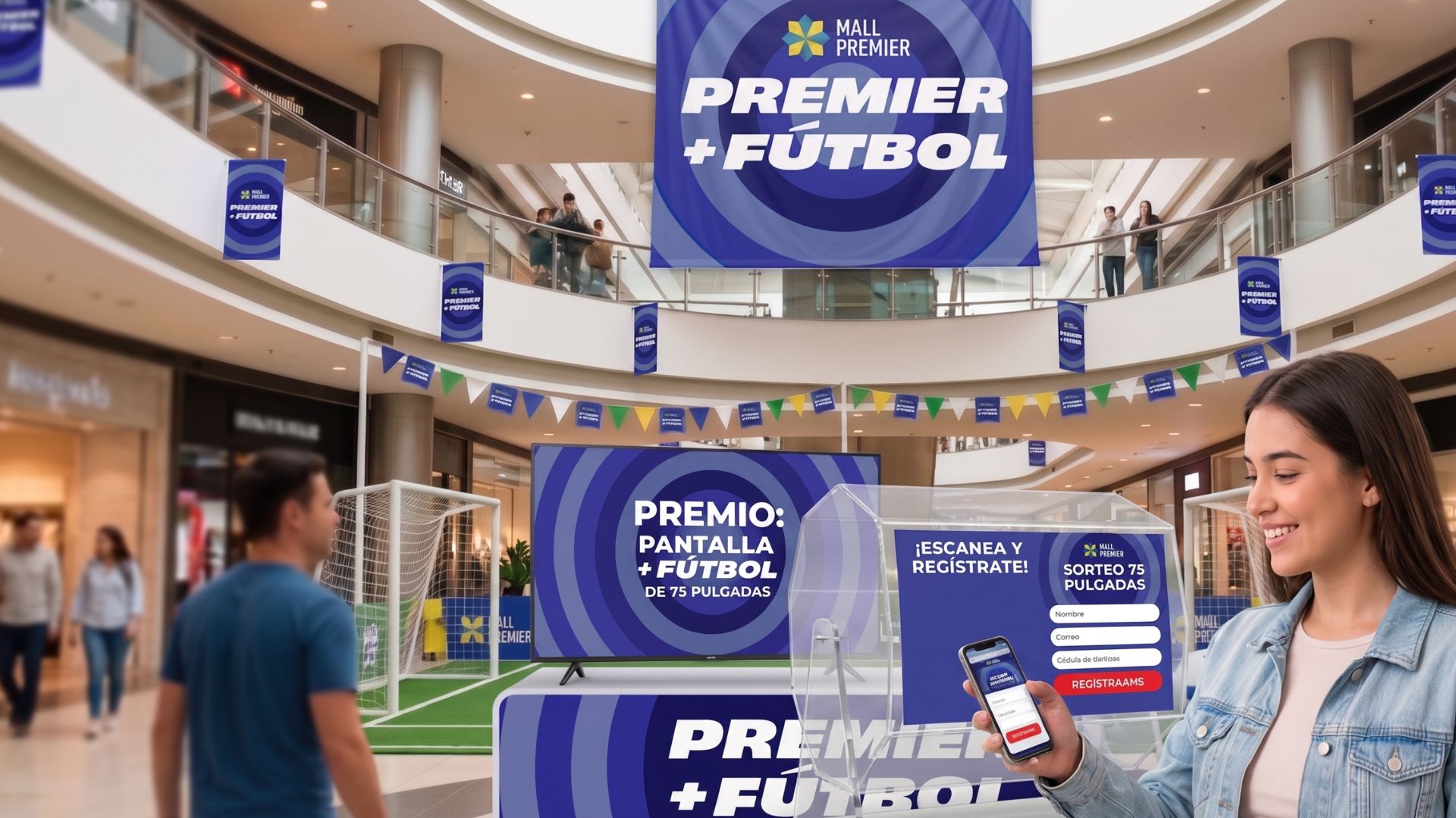 Mujer escaneando con su celular un código QR en un stand de Mall Premier para registrar su factura del sorteo de la pantalla de 75 pulgadas.