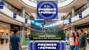 Banner publicitario de la campaña Premier Más Fútbol en Mall Premier Honduras anunciando el gran premio de una pantalla de 75 pulgadas.