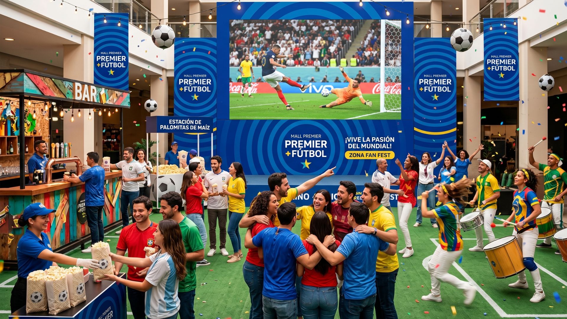 Estadios Virtuales en Mall Premier con futbolitos, pantallas gigantes y áreas de intercambio de postales.