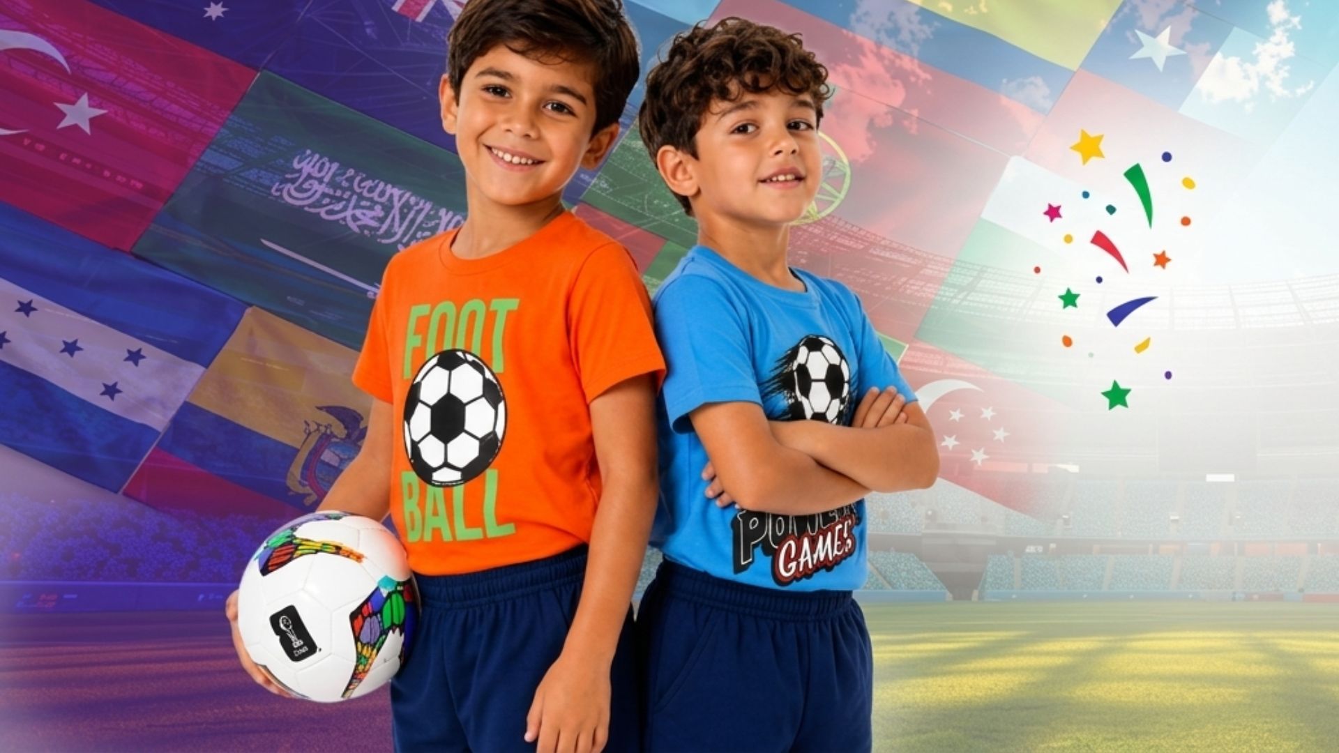 Dos niños sonriendo con camisetas de fútbol de colores naranja y azul brillante con diseños de balones en El Palacio de los Niños.