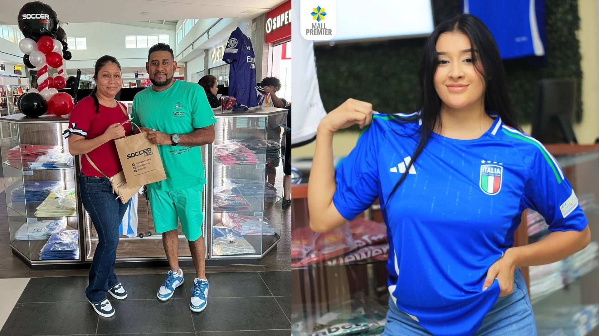 Clientes con bolsas de compras y una joven mostrando la playera original de la selección de Italia en el kiosco Soccer Depot de Mall Premier.