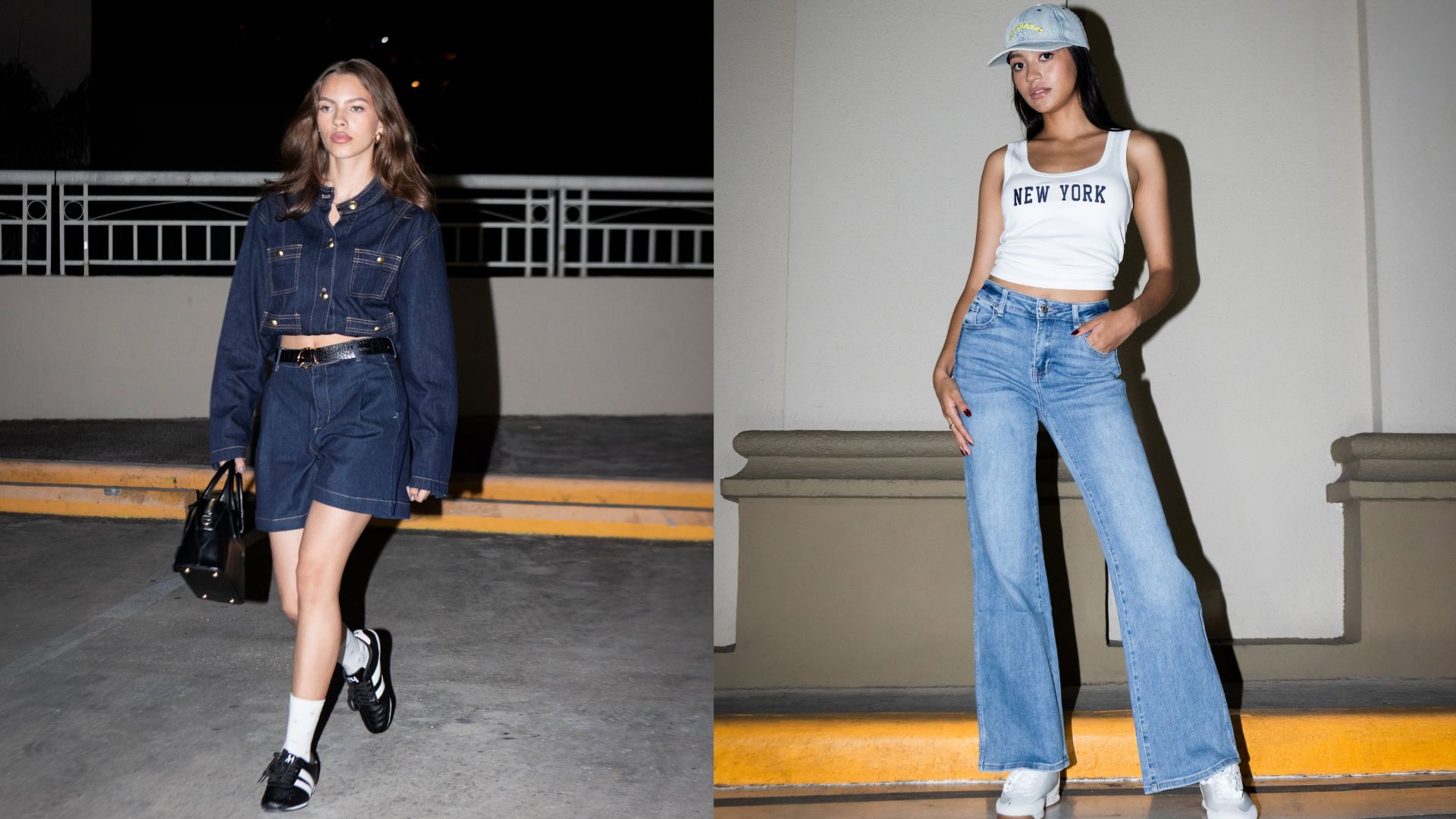 Modelos femeninas con outfits vanguardistas que combinan chaquetas de mezclilla y camisetas cortas de Nueva York con tenis deportivos de Tiendas Charly.