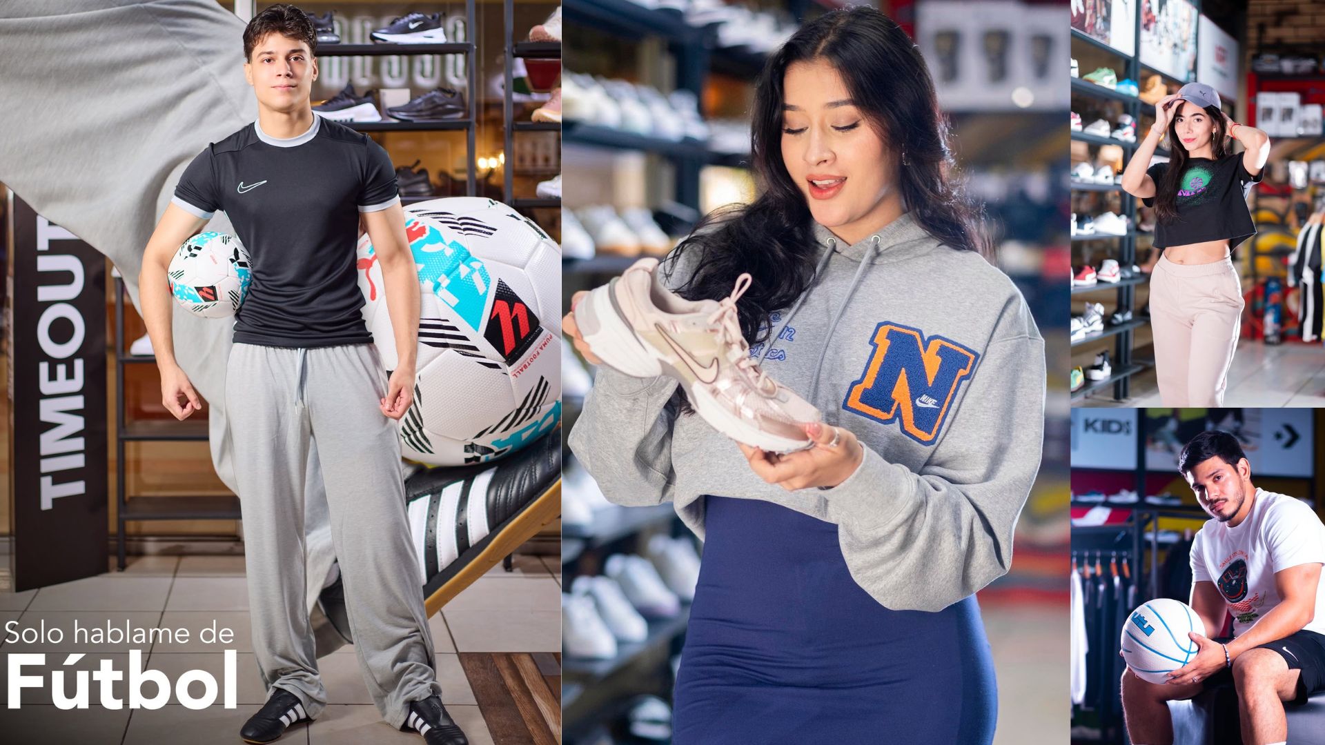 Joven posando con indumentaria deportiva de Nike al lado de un balón gigante y una mujer detallando unos tenis modernos en la tienda TimeOut.