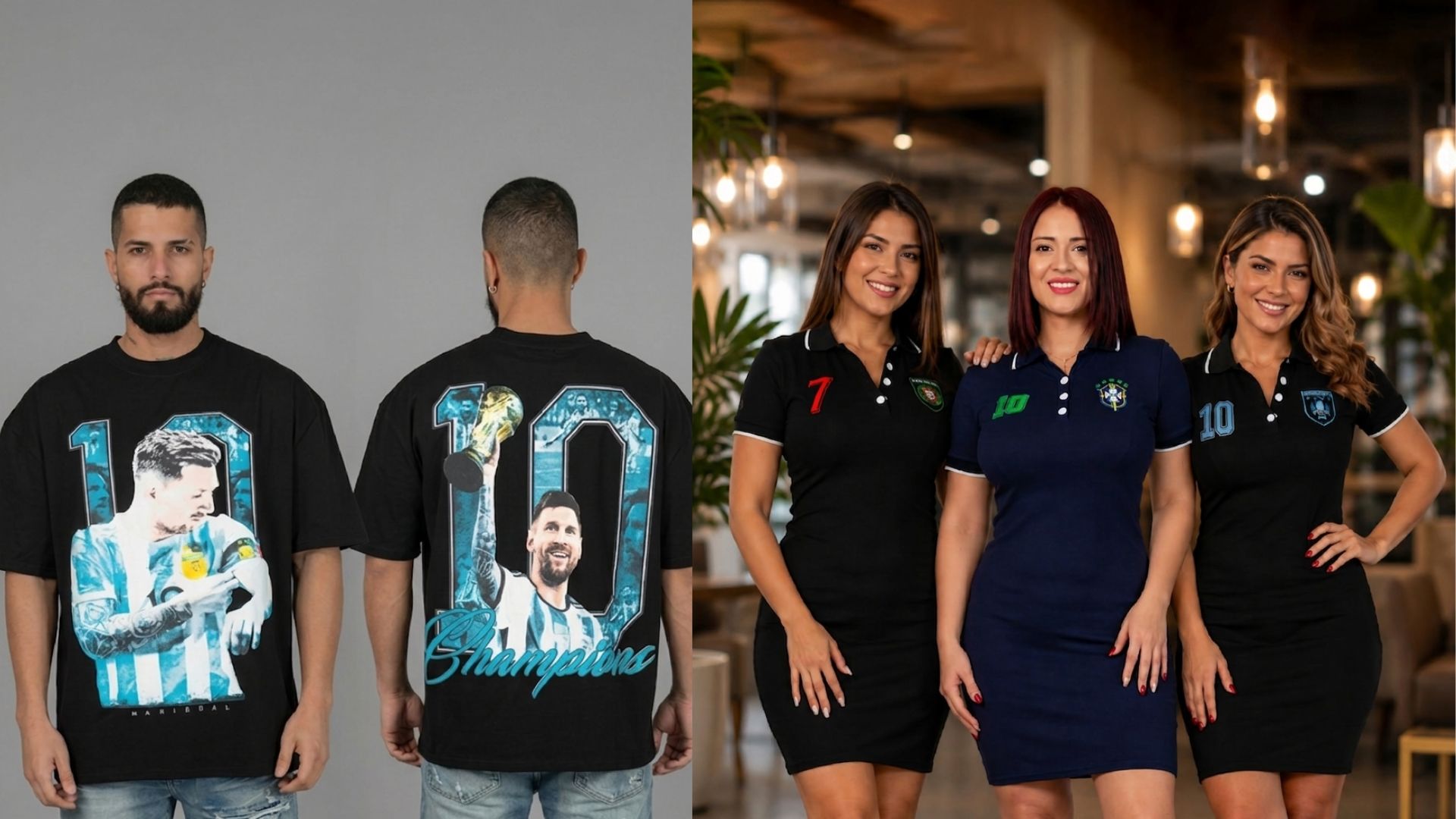 Modelos masculinos luciendo camisas de Messi campeón y modelos femeninas vistiendo vestidos polo deportivos de selecciones en Almacenes El Titán.