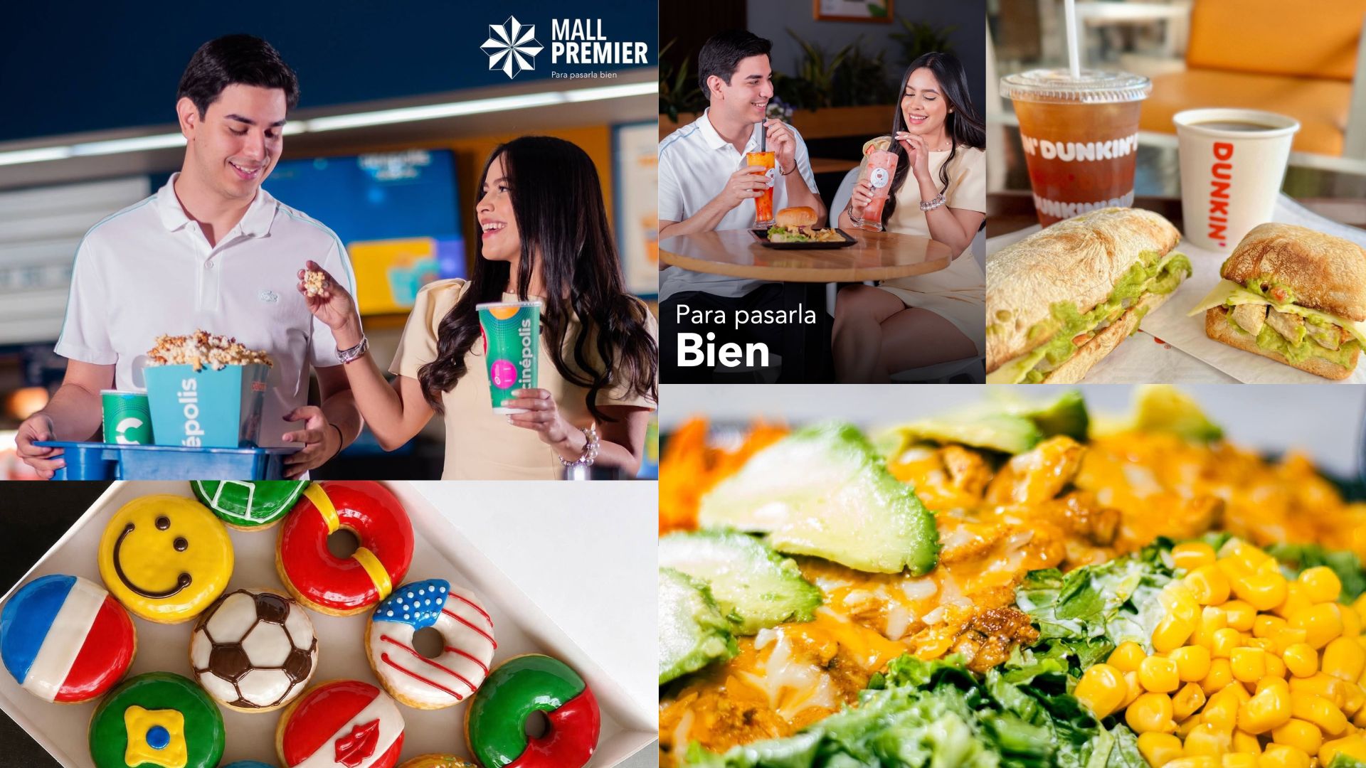 Pareja compartiendo palomitas en Cinépolis, donas decoradas con motivos futboleros y banderas, sándwiches de Dunkin y ensaladas en Mall Premier.