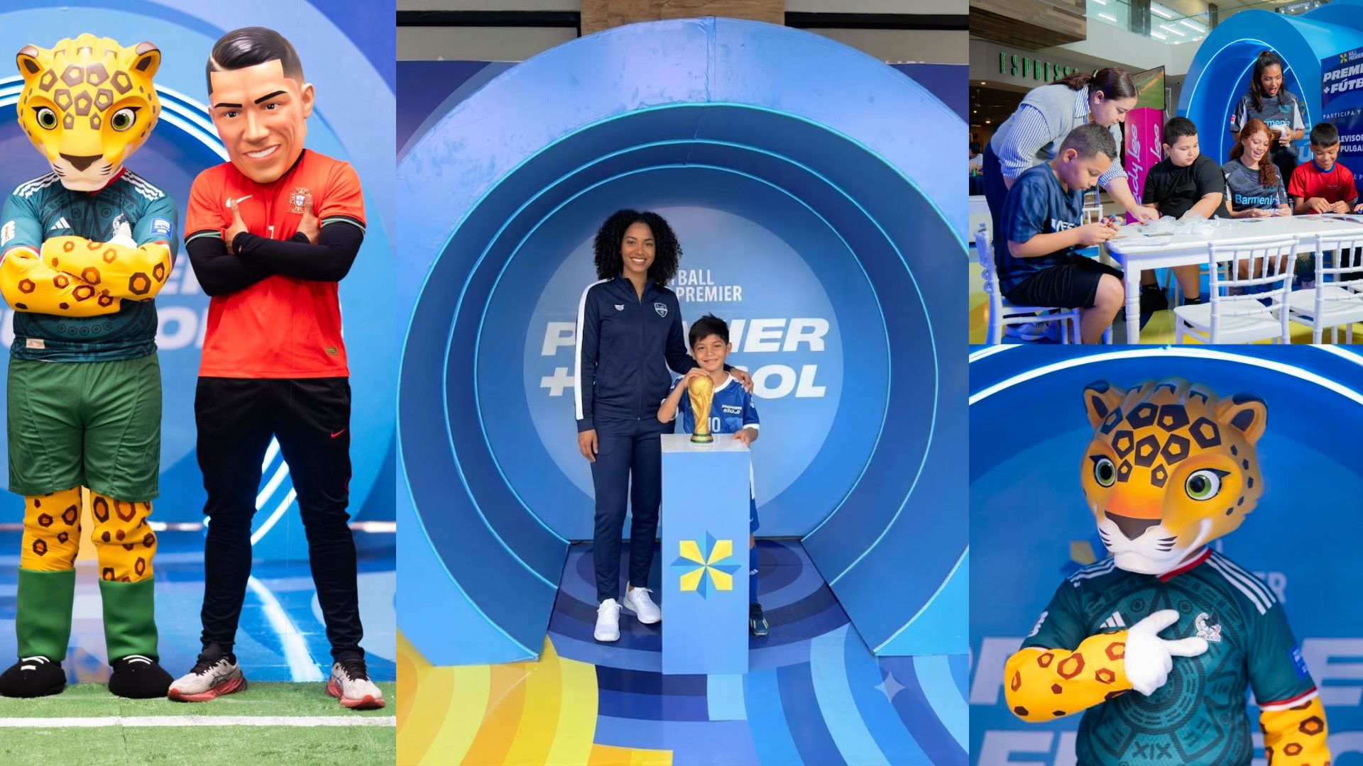 Familias y niños posando junto a personajes animados de futbolistas en los spots temáticos interactivos de Mall Premier.