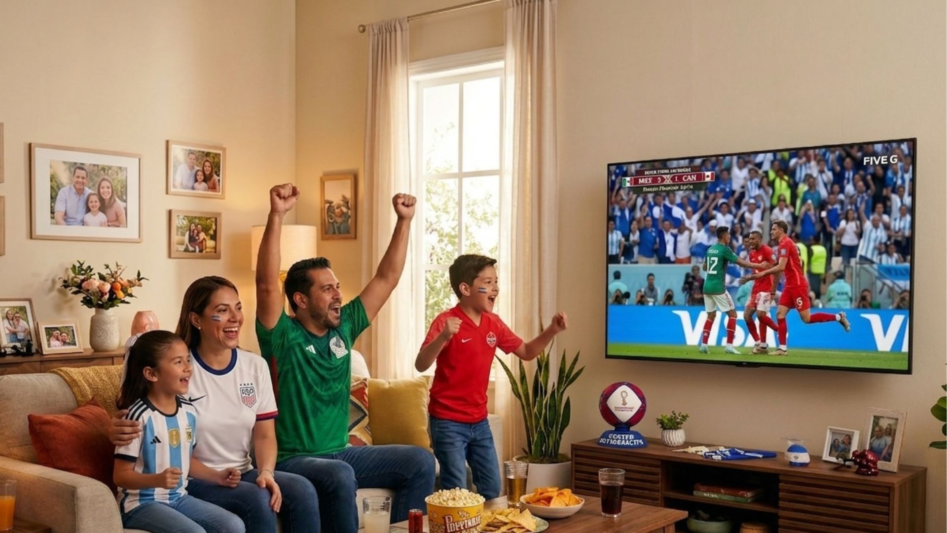 Familia hondureña con camisetas deportivas celebrando un gol en la sala de su casa frente a un televisor gigante de 75 pulgadas.