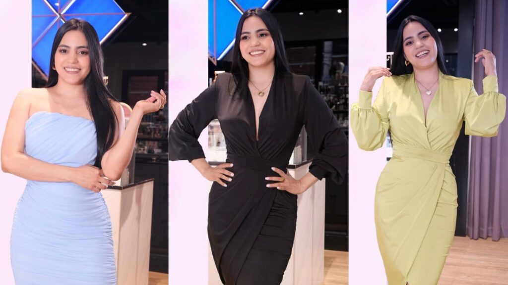 Modelos luciendo tendencias de temporada con vestidos elegantes en azul, negro y amarillo, disponibles en Plaza Premier