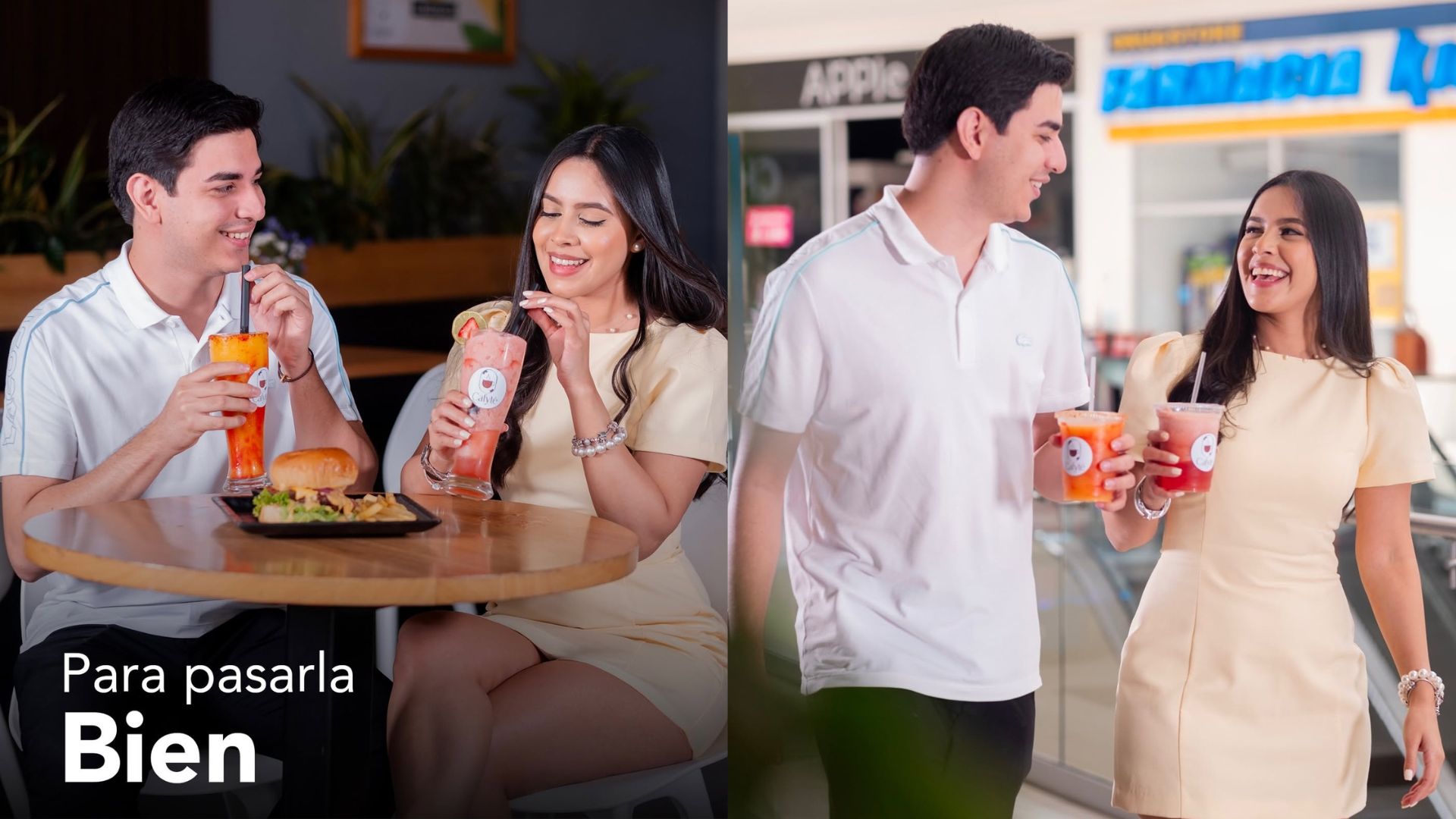 Pareja sonriente compartiendo hamburguesas y smoothies frutales refrescantes en el área de restaurantes de Mall Premier, celebrando con felicidad tras elegir su outfit ganador para la final del mundial.