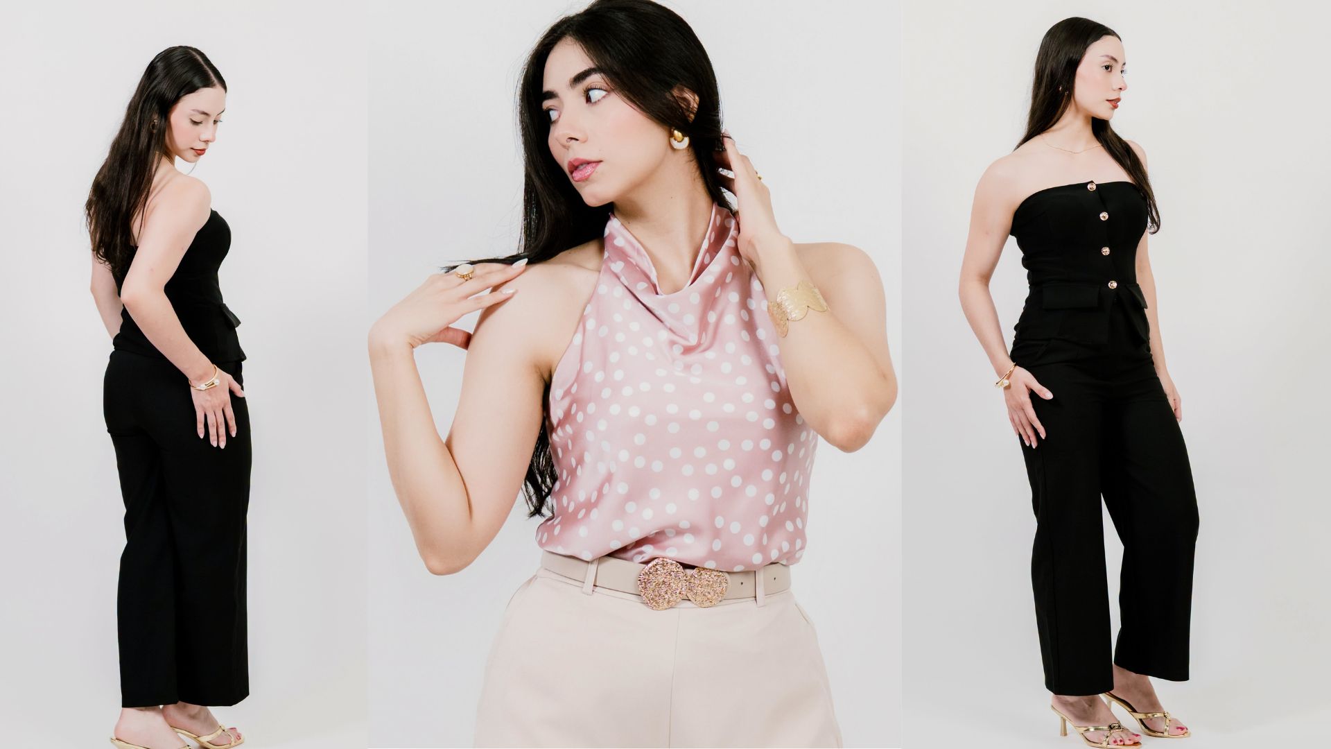 res perspectivas de una modelo vistiendo un elegante jumpsuit negro y una blusa satinada rosa con lunares de la tienda Andressa's en Mall Premier Comayagua, perfecto como outfit ganador para la final del mundial con estilo sofisticado.