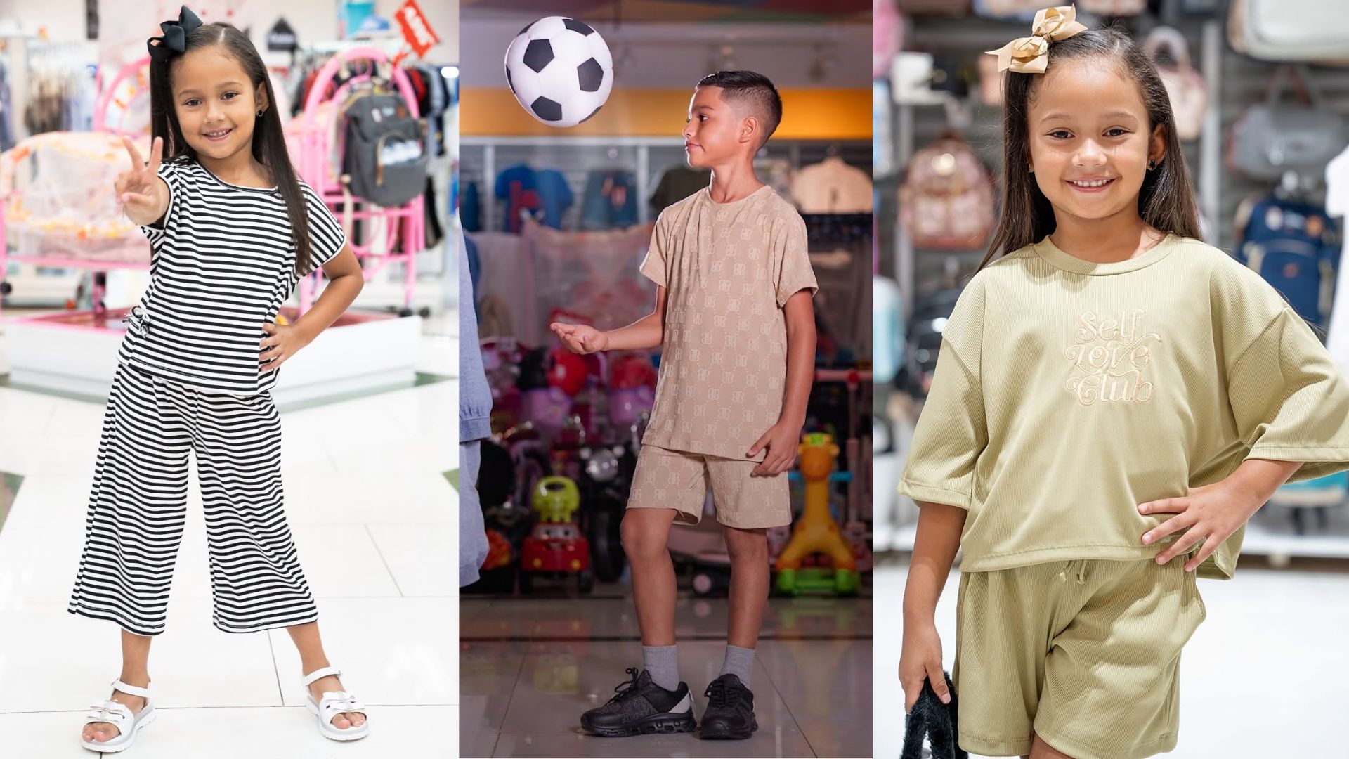 Una niña con conjunto de rayas, un niño dominando un balón de fútbol inflable y otra niña con ropa color oliva de El Palacio de los Niños en Mall Premier, listos con su outfit ganador para la final del mundial.