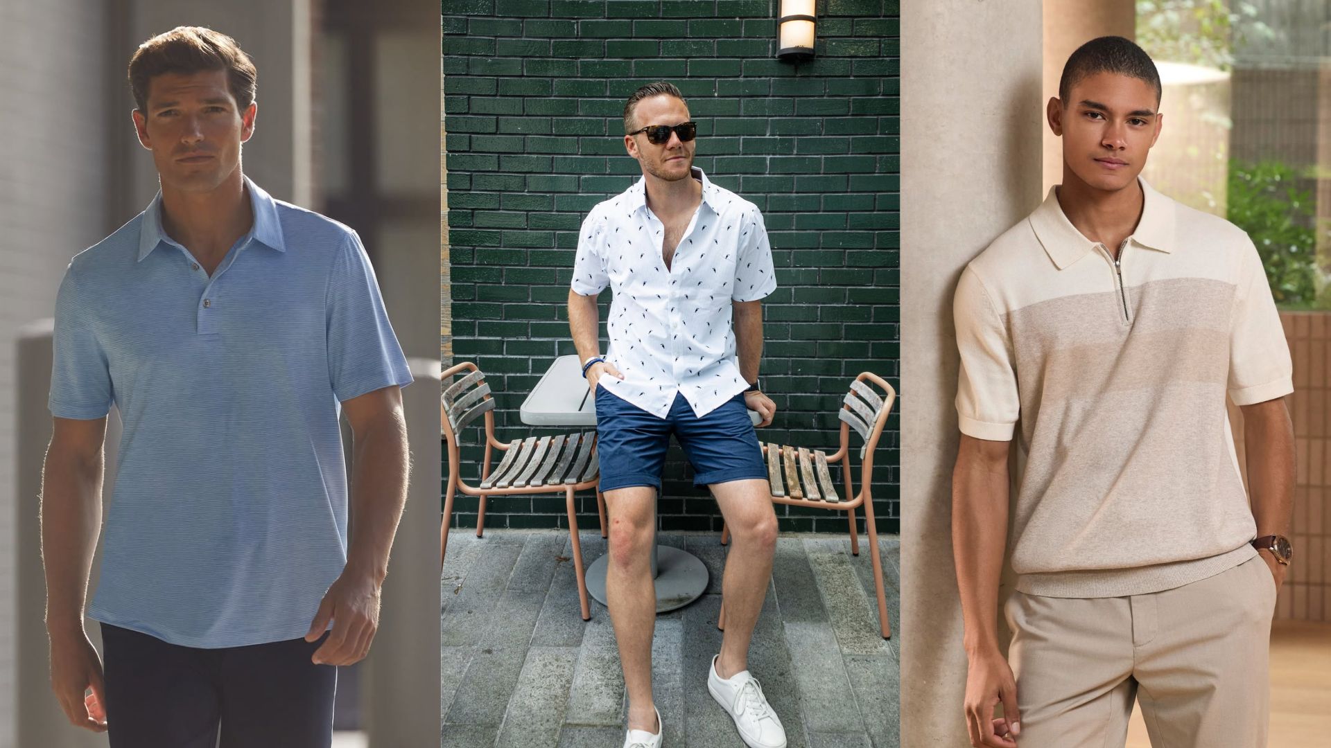 Tres opciones de outfits masculinos casuales que incluyen camisas tipo polo y camisas de manga corta estampadas de Van Heusen en Mall Premier, ideales para un outfit ganador para la final del mundial.