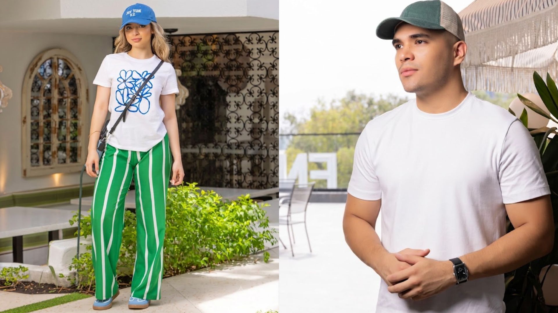 Mujer con un outfit moderno de pantalón verde a rayas y gorra azul junto a un hombre con playera blanca casual en Mendels de Mall Premier Tegucigalpa, ideales como outfit ganador para la final del mundial.