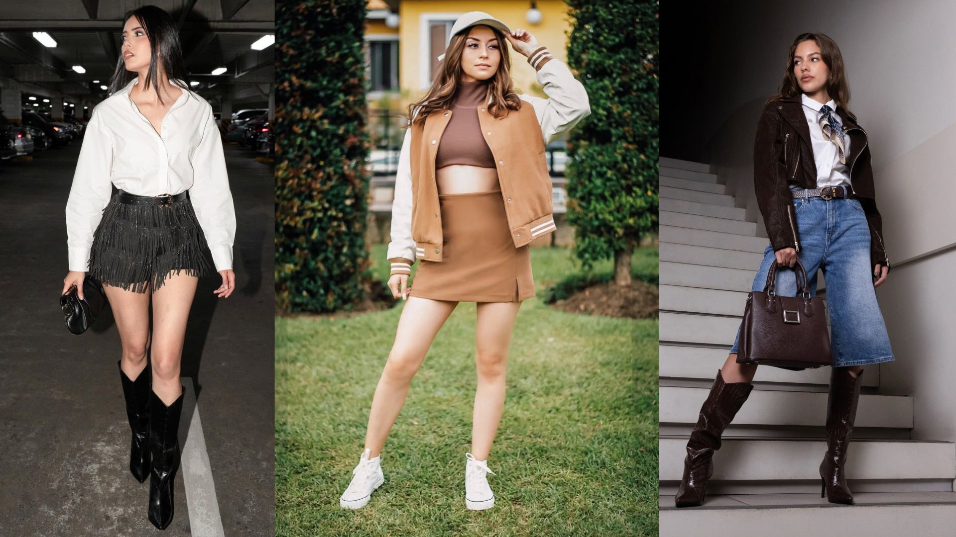 res jóvenes vistiendo outfits urbanos y audaces con chaquetas universitarias, botas altas y minifaldas de Tiendas Charly en Mall Premier, la elección perfecta de outfit ganador para la final del mundial en la zona Fan Fest.