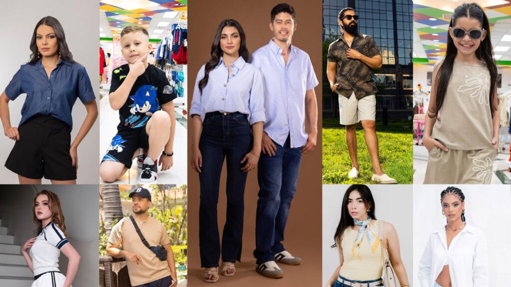 Collage de tendencias de moda casual para hombres, mujeres y niños modelando opciones de ropa versátil en Mall Premier, perfecto como outfit ganador para la final del mundial en Honduras.