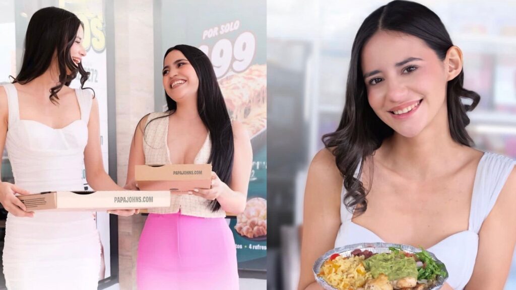 Mujeres sonrientes disfrutando pizza de Papa John's y un bowl saludable en locales de Plaza Premier
