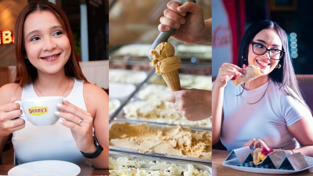 Estudiantes disfrutando café de Denny's y helado recién servido en un food court de plaza comercial