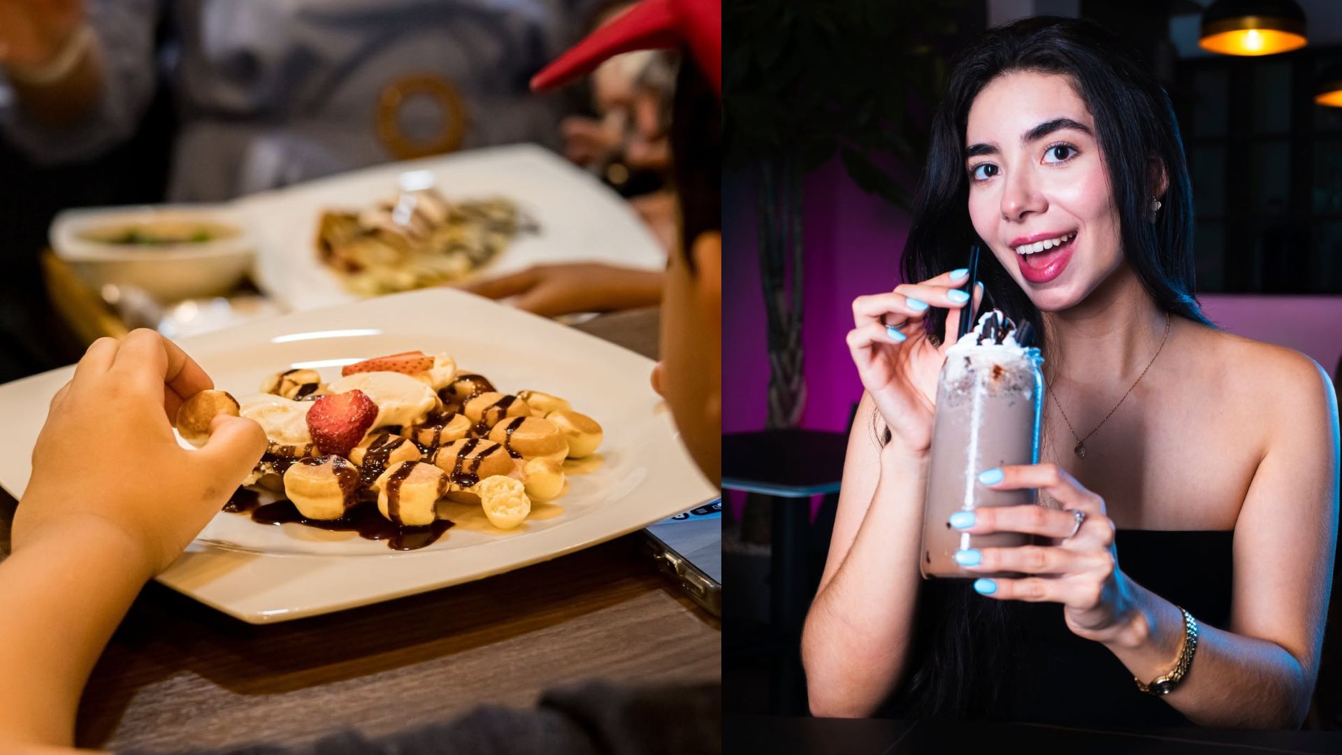 Joven disfrutando una malteada helada y waffles con fresa, deliciosos postres en Honduras en Café Divina de Mall Premier.