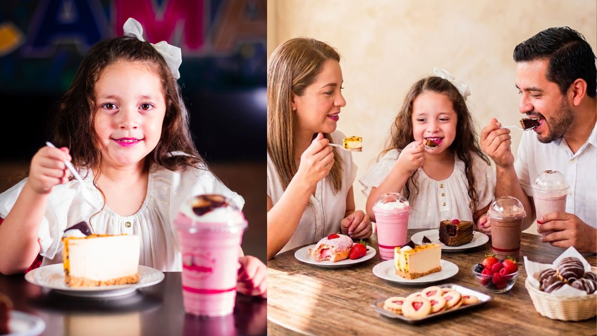 Familia comiendo cheesecakes y pastel de chocolate, exquisitos postres en Honduras en Repostería Fresa y Chocolate de Mall Premier