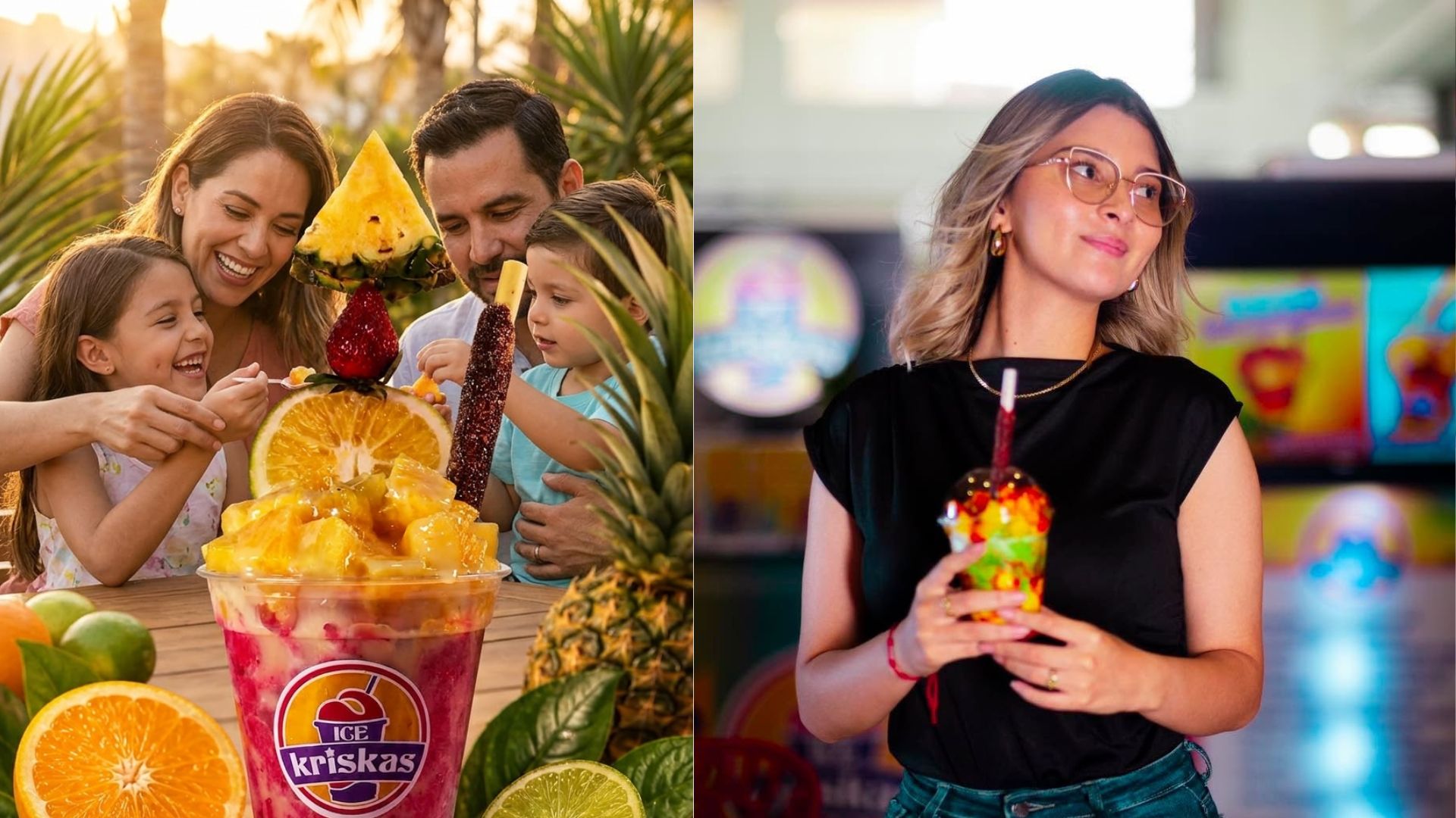 Familia y joven disfrutando mangonadas heladas de Kriskas, apetecibles postres en Honduras en Mall Premier.