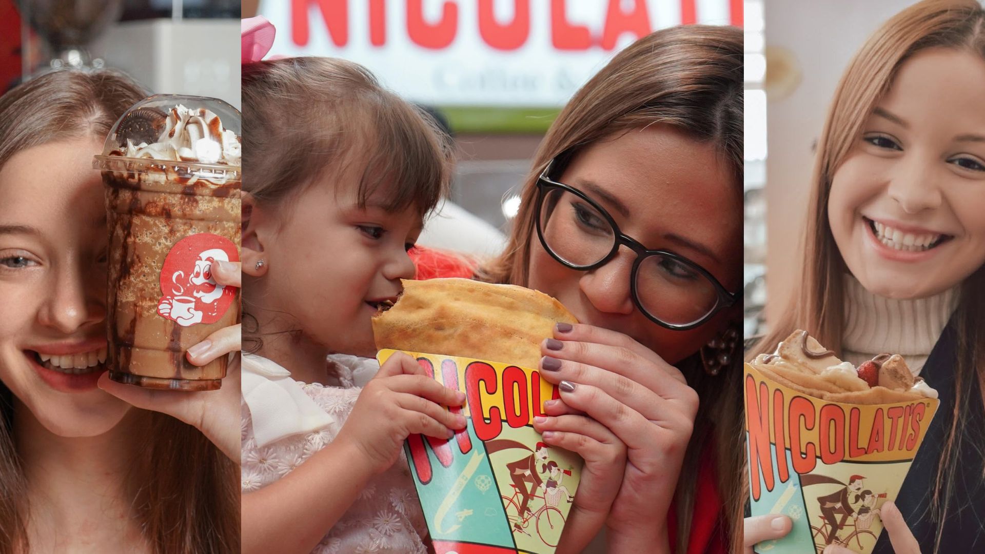 Madre e hija comiendo crepas doradas calientes, favoritas entre los postres en Honduras en Nicolatti's de Mall Premier.