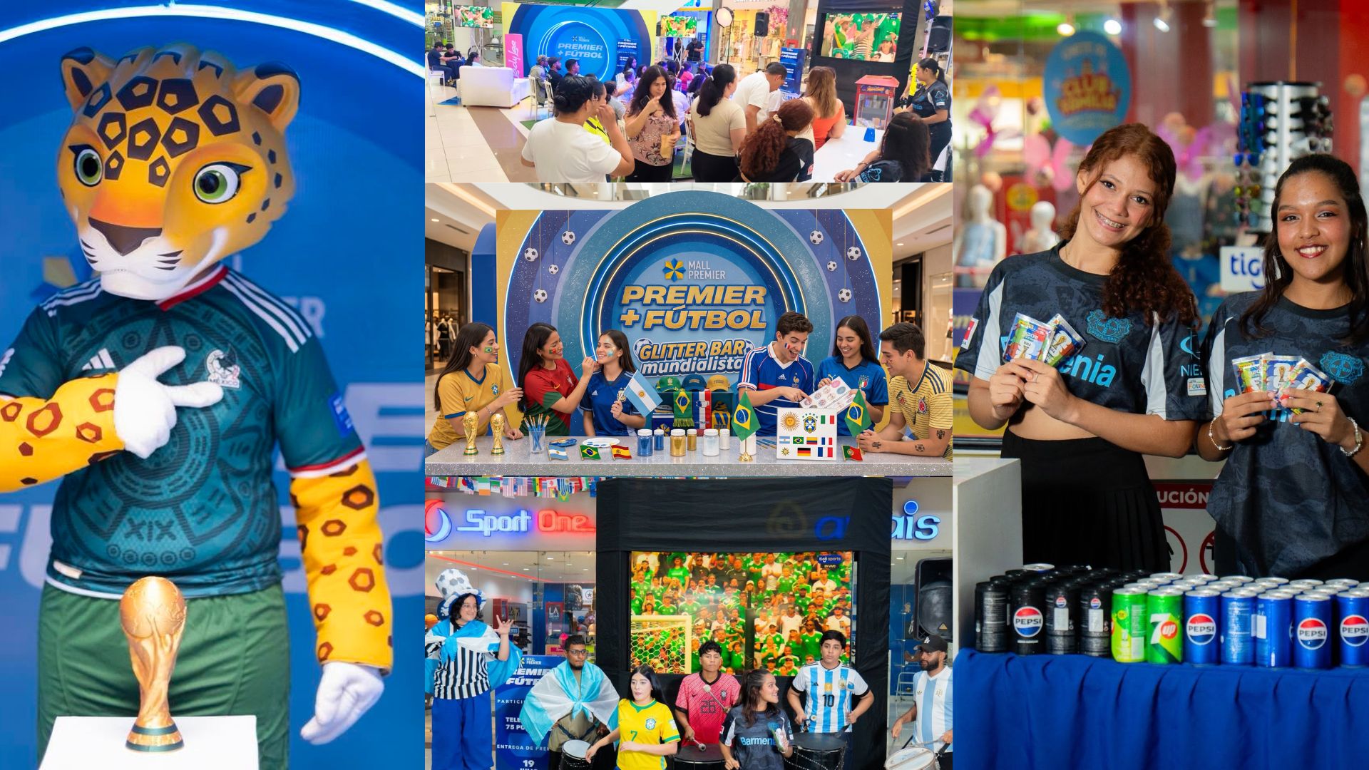 Mascota oficial junto a la copa, jóvenes en el stand de glitter bar mundialista y área de snacks con refrescos durante el evento de la final del Mundial en Mall Premier Catacamas.