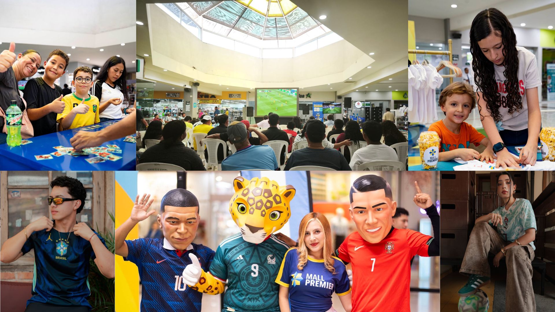 Niños y familias sonriendo junto a personajes animados infantiles durante el evento de fútbol en Mall Premier de Comayagua.