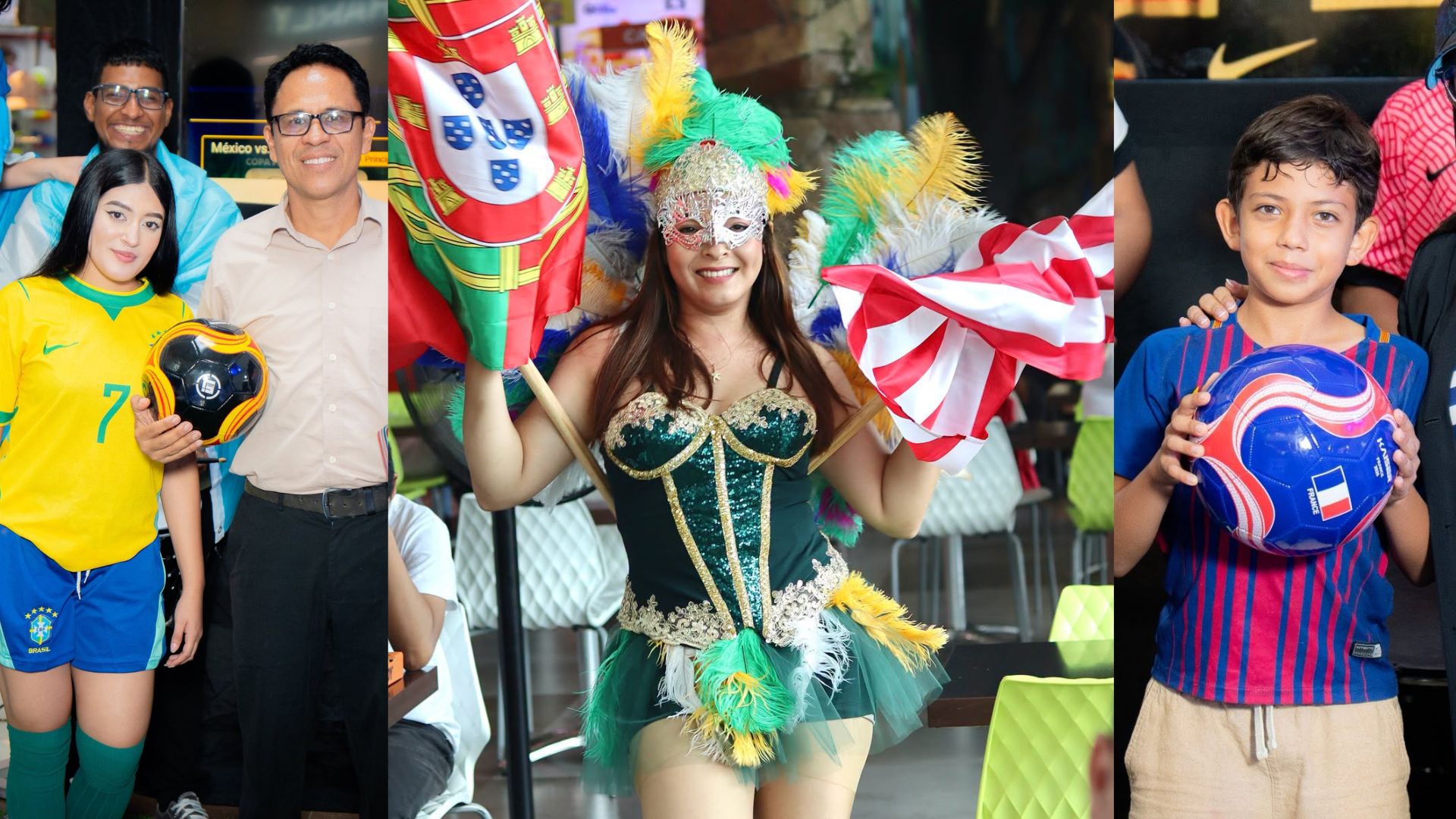 Aficionados posando con balones oficiales de fútbol y bailarina de batucada en el evento de la final del Mundial en Mall Premier Juticalpa.