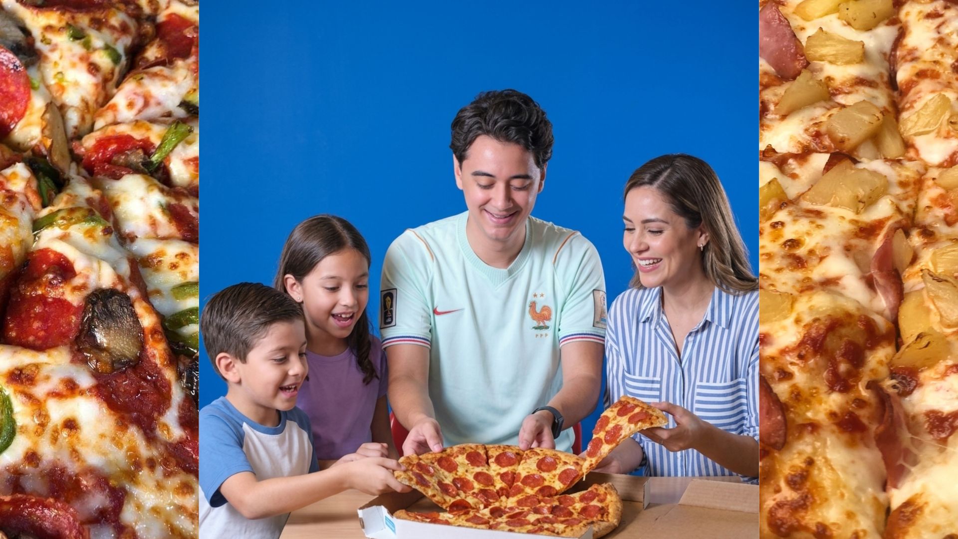 Niños compartiendo pizza de pepperoni en Domino's Pizza de Mall Premier Tegucigalpa, el plan perfecto de fin de semana.