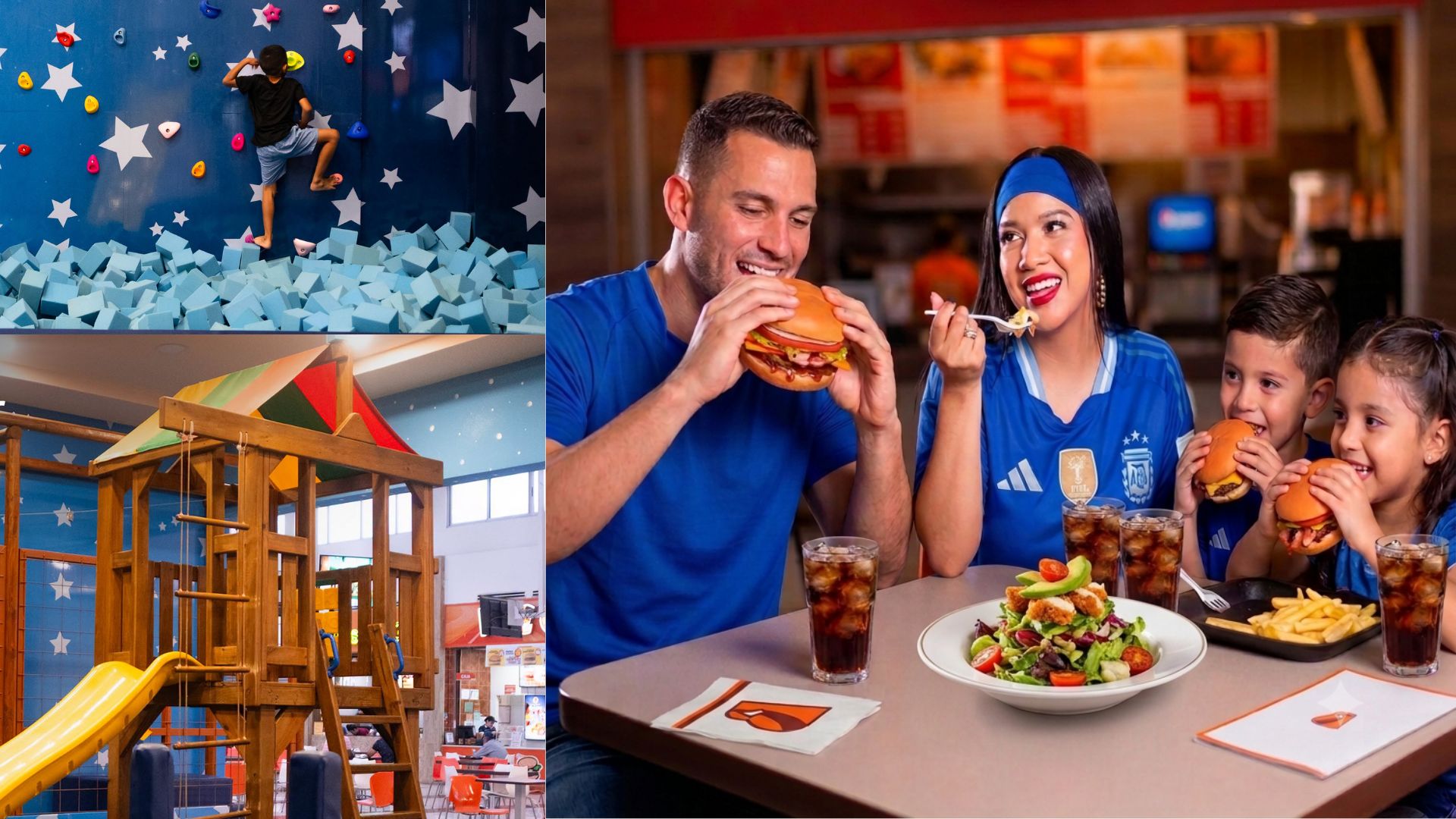 Niños divirtiéndose en el área de juegos del food court y comiendo en Matty's Deli & Grill de Mall Premier Catacamas en su plan perfecto de fin de semana.