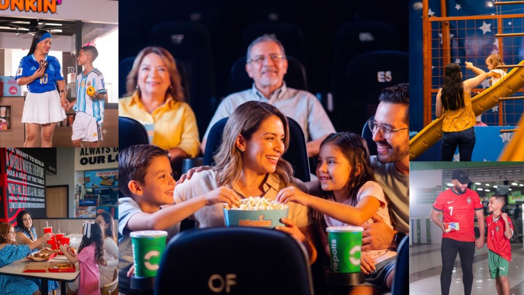 Familia feliz disfrutando del plan perfecto de fin de semana con cine en Cinépolis y comida en Domino's Pizza de Mall Premier Tegucigalpa.