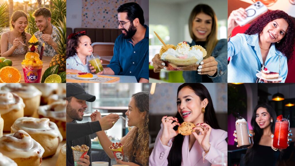 Variedad de bebidas heladas y postres en Honduras disfrutados por jóvenes en Mall Premier.